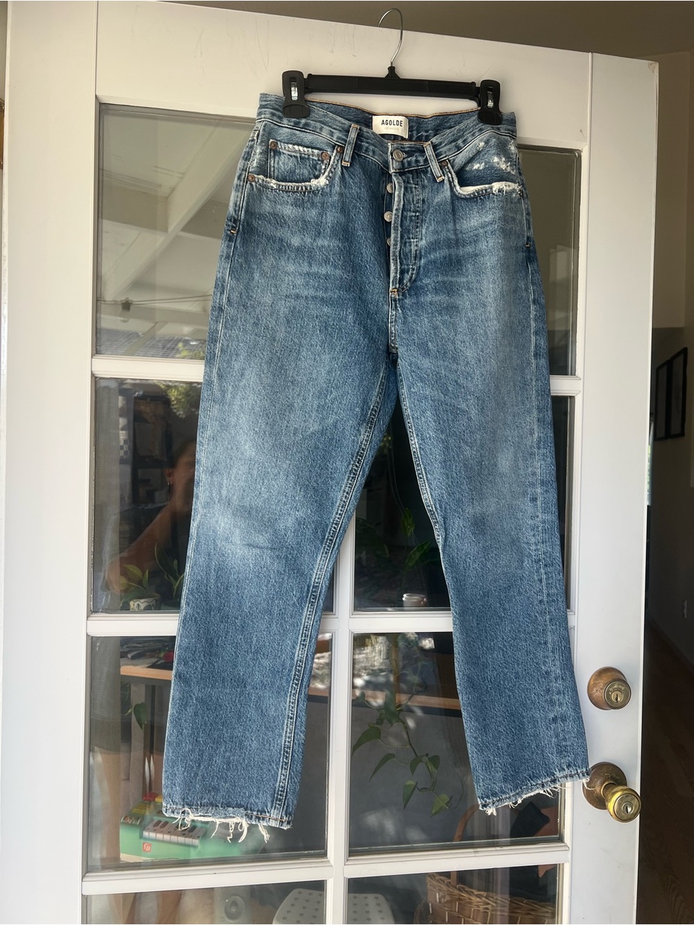 Agolde Straight Leg Jeans in Medium Blue with Distressed Hem